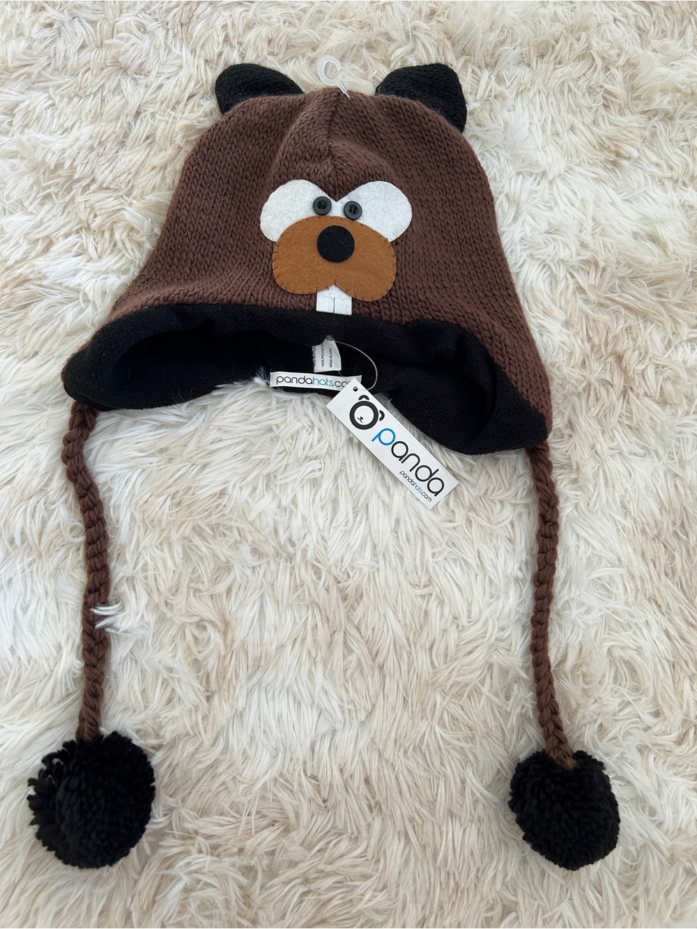 Brown Bear Knit Earflap Hat with Pom Tassels
